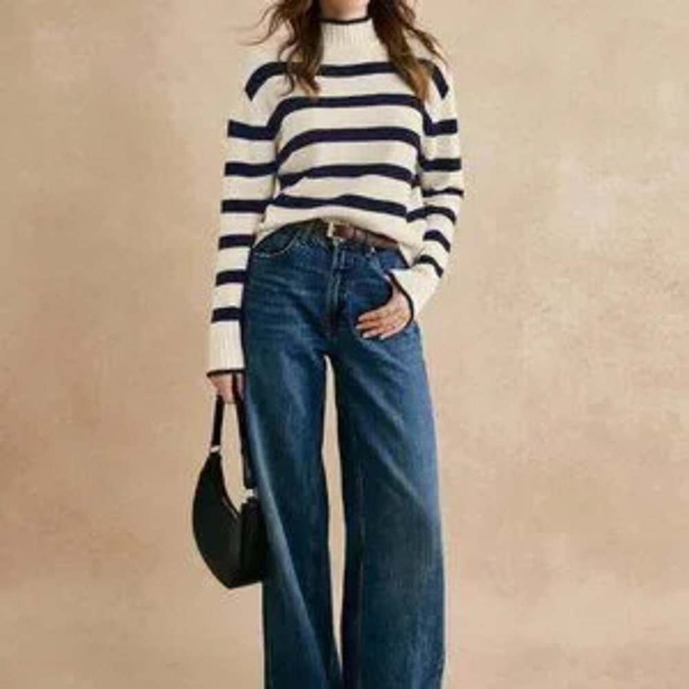 Navy Blue Casual Women's Striped Stand Collar Drop Shoulder Long Sleeve Sweater
